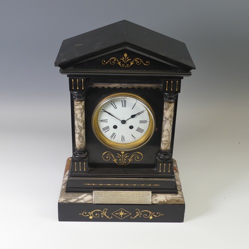 45 - A Victorian slate and marble mantel Clock, presented to ''Lieutenant Colonel Culbard, Elgin'', with ... 