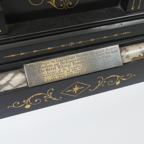 45 - A Victorian slate and marble mantel Clock, presented to ''Lieutenant Colonel Culbard, Elgin'', with ... 