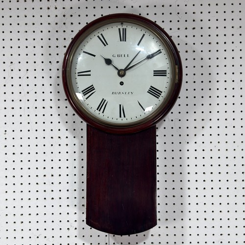 40 - An unusual 19th century mahogany drop dial wall Clock, the white circular dial applied with Roman nu... 