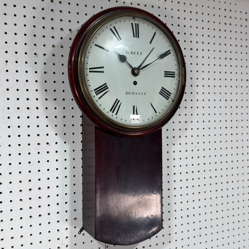40 - An unusual 19th century mahogany drop dial wall Clock, the white circular dial applied with Roman nu... 