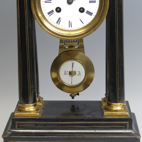 42 - A late 19th century French ebonised Portico Clock, with Japy Freres eight-day movement striking on b... 