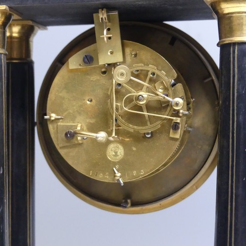 42 - A late 19th century French ebonised Portico Clock, with Japy Freres eight-day movement striking on b... 