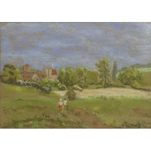 54 - C. Ann Smith (Contemporary), church-yard scene, pencil and crayon, signed lower right, 23.5 x 33.5cm... 