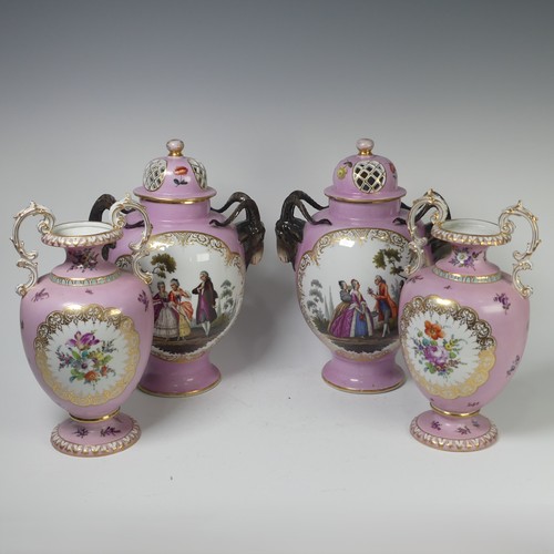 A pair of Dresden two-handled porcelain vases, 19th Century, painted in coloured enamels and gilt, with goat head handles and lid, blue mark on base, 34cm high, together with another pair of Dresden two-handled vases, early 20th Century, mark on base, no.485, 29.5cm high (4)