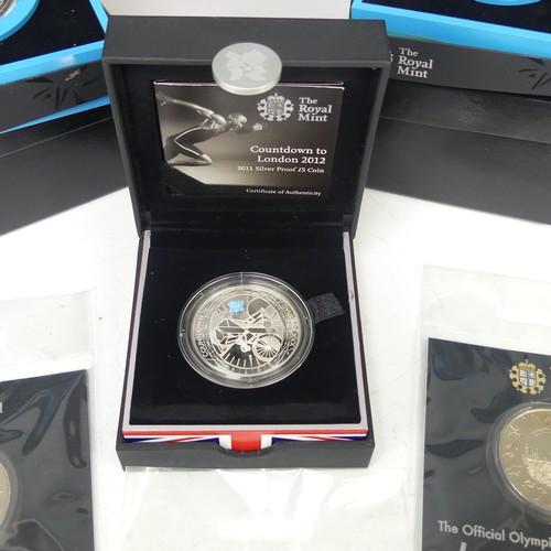 471 - The Royal Mint 2012 Olympics, Paralympics and 2011 Countdown to the Olympics silver proof £5 Coins, ... 