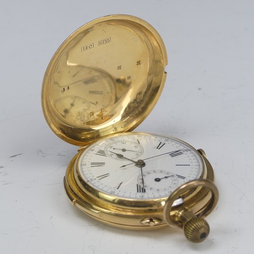 An 18ct gold hunter cased Chronograph quarter repeating Pocket Watch, the white enamel dial with Roman Numerals and subsidiary running seconds and 30-minute recording dials, Arabic chapter ring, crown wind, the cuvette also 18ct gold, with Swiss 0.755 hallmarks for British export, 50mm diameter, gross total weight 119.5g, running, including both subsidiary dials, and the repeating mechanism, the suspension ring gold plated.