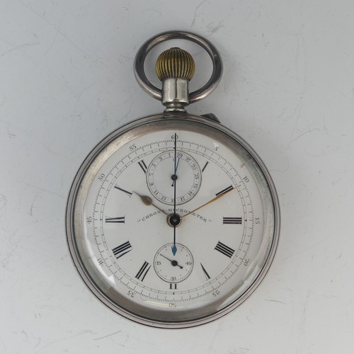 A Victorian silver 'Chrono - Micrometer' open face Pocket Watch, the white enamel dial with Roman Numerals and two subsidiary dials, crown wind movement marked with 'Patents 1881, 1883, 1886, 1890' and the chrono-micrometer trademark, no. 98033, the caseback hallmarked Birmingham 1888, 50mm diameter, running for a few seconds, chronograph had takes several button presses to return.