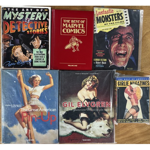 Vintage comics and books: including Charles G. Martignette and Louis K Meisel, 'The Great American Pin-UP', and 'Gil Evgreen - All his glamourous American pin-ups', and 'The Best of American Girlie Magazines' all three published by Taschen, together with Fantastic Monsters of The Films, Vol 1 No. 1, The Best of Marvel Comics, etc. (6)