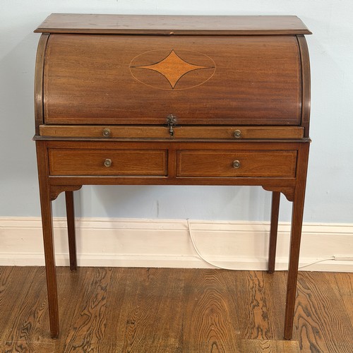 An Edwardian inlaid mahogany cylinder Ladies Desk, with fitted interior and pull-out writing surface, slightly sun-faded, W84cm x H98cm x D 47cm.
