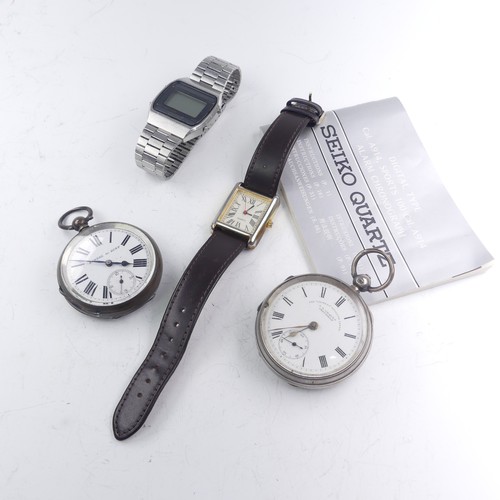 A silver open face Pocket Watch, the white enamel dial signed 'J.G. Graves Sheffield 'The 'Express' English Lever, unable to open caseback, 50mmm diameter, together with an .800 silver pocket watch, running, a Seiko quartz alarm digital watch, ref. A914, not running and on other quartz wristwatch (4)