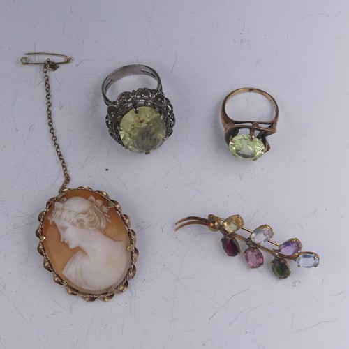446 - A 9ct gold oval shell Cameo Brooch, 4cm long, 8.7g, a synthetic green spinel cocktail ring, mounted ... 