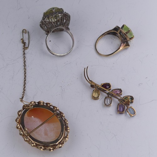 446 - A 9ct gold oval shell Cameo Brooch, 4cm long, 8.7g, a synthetic green spinel cocktail ring, mounted ... 