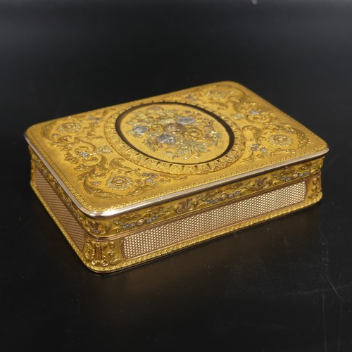 459 - A 19thC German (Hanau) 14ct gold Snuff Box, c.1820, of rounded rectangular form with hinged cover, w... 