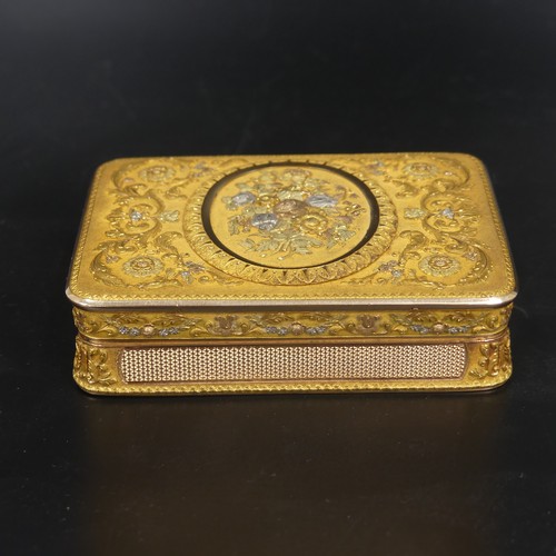 459 - A 19thC German (Hanau) 14ct gold Snuff Box, c.1820, of rounded rectangular form with hinged cover, w... 