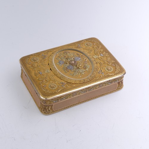459 - A 19thC German (Hanau) 14ct gold Snuff Box, c.1820, of rounded rectangular form with hinged cover, w... 