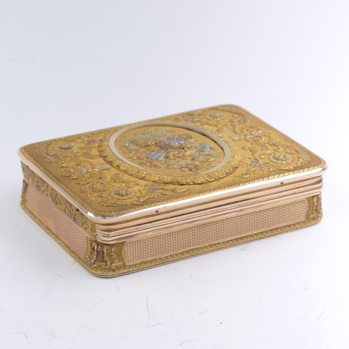 459 - A 19thC German (Hanau) 14ct gold Snuff Box, c.1820, of rounded rectangular form with hinged cover, w... 