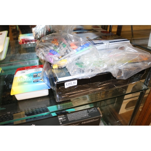 31 - STATIONARY LOT INCL COLOURED SHARPIES, ARTIST PENCILS, CANNON PRINTER CARTRIDGES AND PUKKA PADS