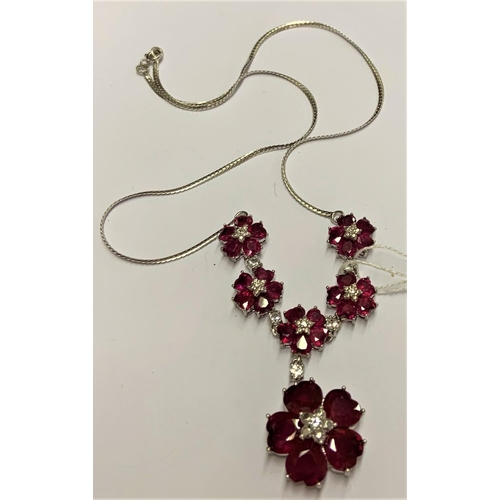 235 - PLATINUM PLATED SILVER NECKLACE AND CHAIN SET INSET WITH RUBIES AND CZ STONES - APPROX 30 CTS RUBIES