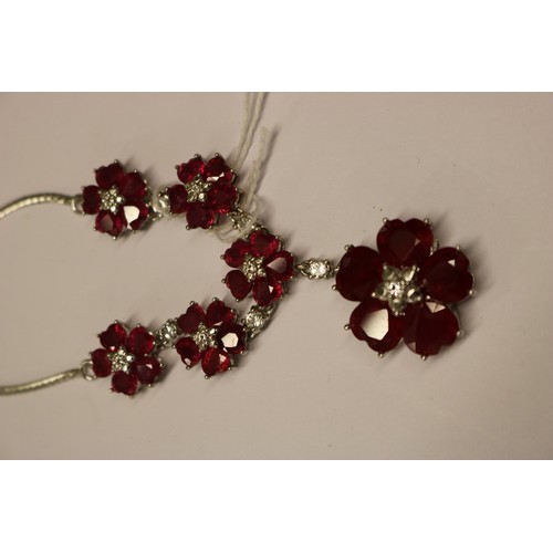 235 - PLATINUM PLATED SILVER NECKLACE AND CHAIN SET INSET WITH RUBIES AND CZ STONES - APPROX 30 CTS RUBIES