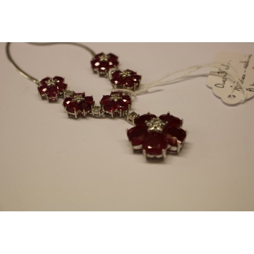 235 - PLATINUM PLATED SILVER NECKLACE AND CHAIN SET INSET WITH RUBIES AND CZ STONES - APPROX 30 CTS RUBIES