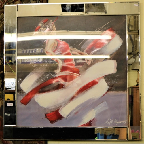 141 - LARGE MIRROR FRAMED PRINT OF A DANCER - 85CM X 85CM