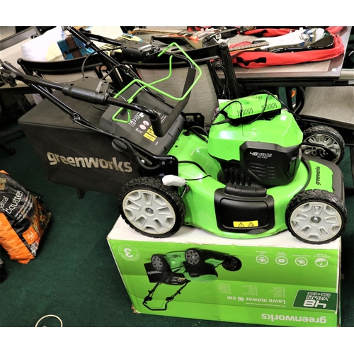 154 - BOXED GREENWORKS 48V CORDLESS SELF PROPELLED LAWNMOWER - BLADE FAULT