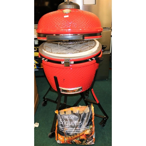 155 - LOUISIANA GRILL KAMADO BBQ WITH CERAMIC INNER AND ASH CATCHER - IN RED WITH LARGE BAG OF CHARCOAL BR... 