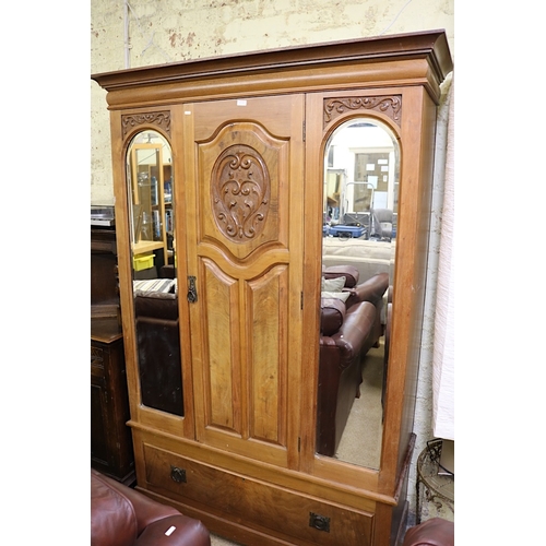 227 - VICTORIAN MAHOGANY AND WALNUT CARVED MIRRORED TRIO WARDROBE, WITH SINGLE DRAWER  (132CM WIDE X 204CM... 