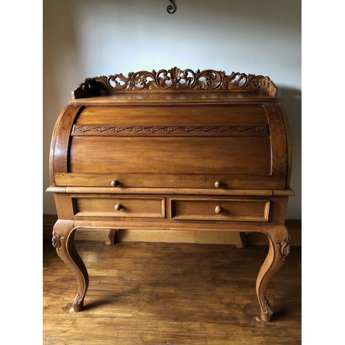 272 - LARGE SOUTH ASIAN PLANTERS ROLL TOPPED BUREAU NICELY FITTED WITH CUPBOARD AND DRAWERS GALLERIED TOP ... 