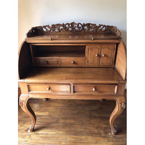 272 - LARGE SOUTH ASIAN PLANTERS ROLL TOPPED BUREAU NICELY FITTED WITH CUPBOARD AND DRAWERS GALLERIED TOP ... 