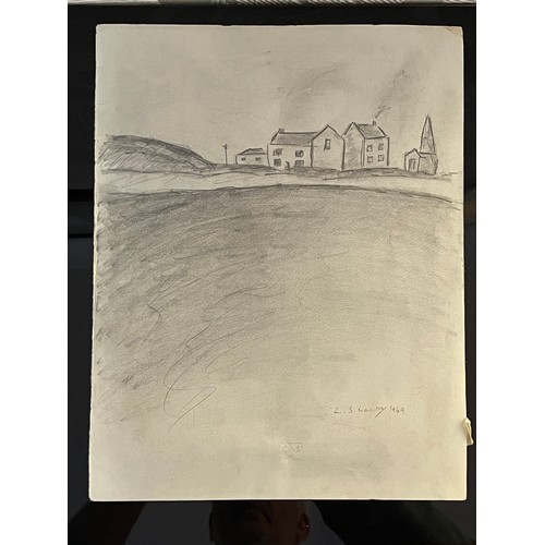 307 - L S LOWRY - BRITISH PENCIL SKETCH - PAGE FROM SKETCHBOOK. CIRCA 1949. LANDSCAPE STUDY WITH BUILDINGS... 