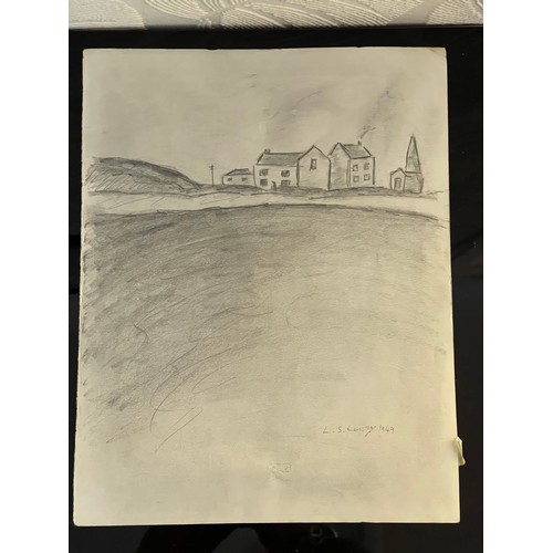 307 - L S LOWRY - BRITISH PENCIL SKETCH - PAGE FROM SKETCHBOOK. CIRCA 1949. LANDSCAPE STUDY WITH BUILDINGS... 