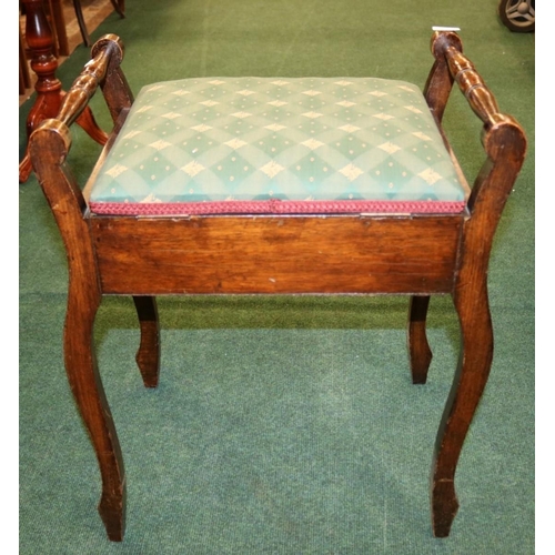 217 - OAK GREEN UPHOLSTERED PIANO STOOL