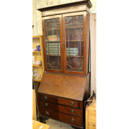 234 - FITTED VINTAGE MAHOGANY BUREAU BOOK CASE OF SLIM DESIGN WITH ASTRAGAL GLASS DOORS, THREE DRAWERS TO ... 