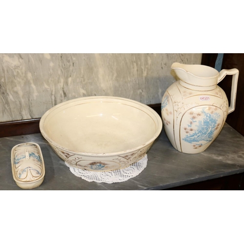 245 - STAFFORDSHIRE TRANSFER PRINTED WASHSTAND SET OF JUG BOWL AND SOAP DISH (CRACKS IN ALL THREE)