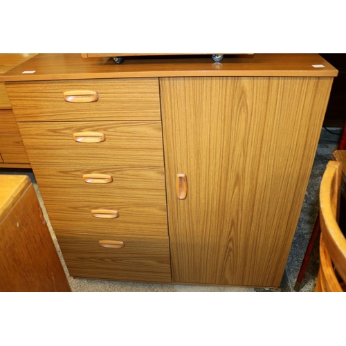 258 - SCHREIBER TEAK EFFECT TALL BOY OF FIVE DRAWERS AND CUPBOARD