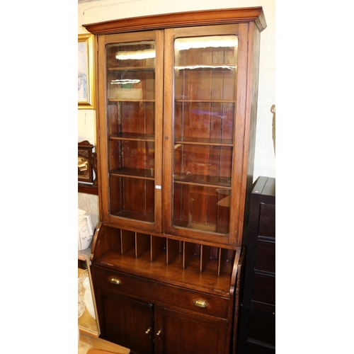 261 - MAHOGANY BUREAU BOOK CASE, SINGLE DRAWER CUPBOARD BASE, HINGES MISSING FROM FLAP (FLAP IS WITH IT)