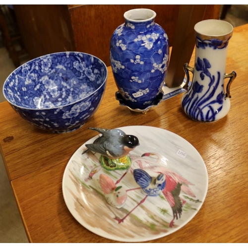 266A - KAISER FLAMINGO PLATE, BLUE AND WHITE BOWL AND VASE, WITH ONE OTHER VASE AND THREE BIRD FIGURES