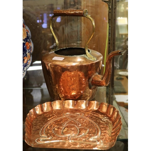 295 - COPPER ARTS AND CRAFTS CRUMB TRAY WITH ANTIQUE COPPER KETTLE