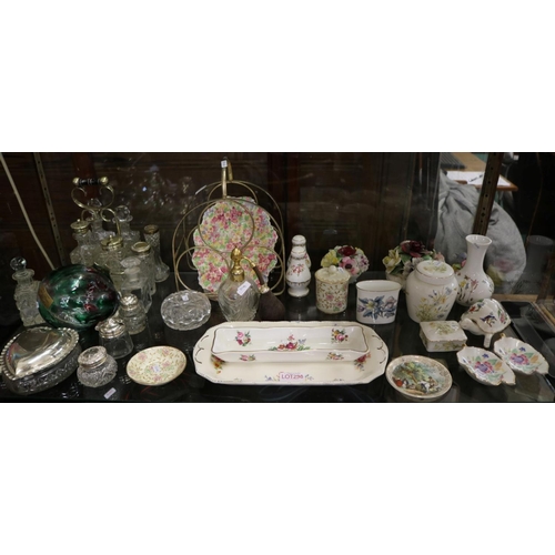 298 - SHELF OF CERAMICS AND GLASSWARES INCL, WORCESTER, AYNSLEY, PLANT AND COALPORT, VINTAGE PLATED FOUR C... 