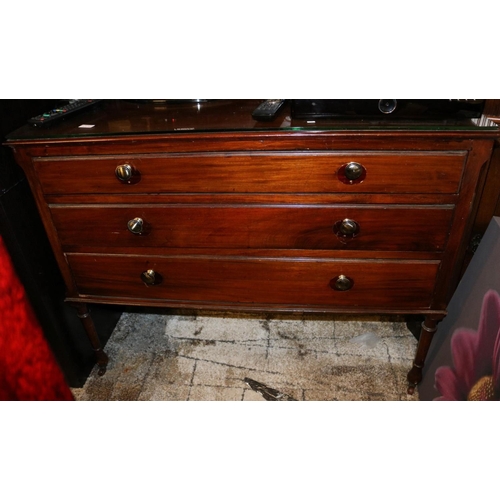 303 - MAHOGANY CHEST OF THREE DRAWERS WITH GALLERIED BACK AND FITTED GLASS TOP