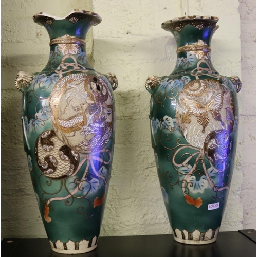 304 - PAIR OF OVERSIZED GREEN AND GILT SATSUMA STYLE VASES (ONE WITH DGE TO BOTH LIPS) - 60CM TALL