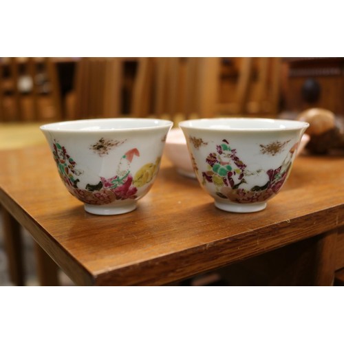 281 - CONTINENTAL BOWL AND TWO SMALL ORIENTAL CUPS (SMALL CHIP TO ONE CUP)