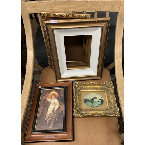 358 - 4 X SMALL HEAVY GILT PICTURE FRAMES WITH 2 X FRAMED PRINTS