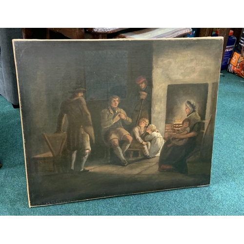 360 - UNFRAMED ANTIQUE OIL PAINTING DEPICTING FAMILY BY A FIRE HEARTH, CUT DOWN AND STUCK TO FRAME