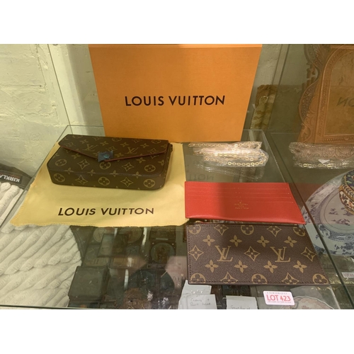 423 - BOXED LOUIS VUITTON STYLE CLUTCH BAG WITH SHOULDER CHAIN,  2 X WALLETS