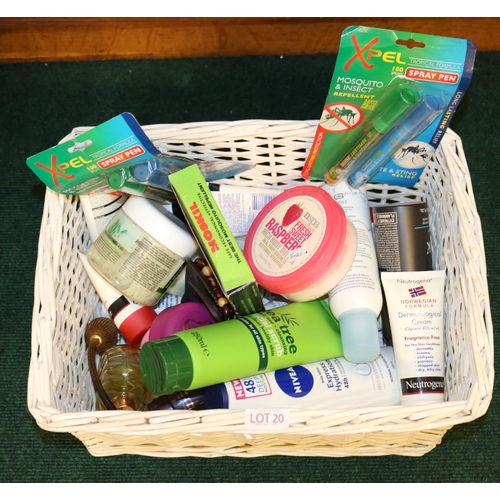 20 - BASKET OF VARIOUS TOILETRIES, INCL NIVEA, TEA TREE, NUTROGENA ETC...