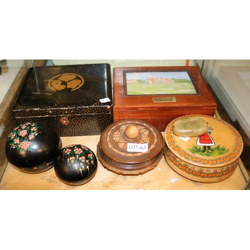 163 - TREEN ITEMS INC. BOXES, CARVED BOWLS, ROYAL LYTHAM ST ANNE'S DECORATIVE BOX AND OTHERS