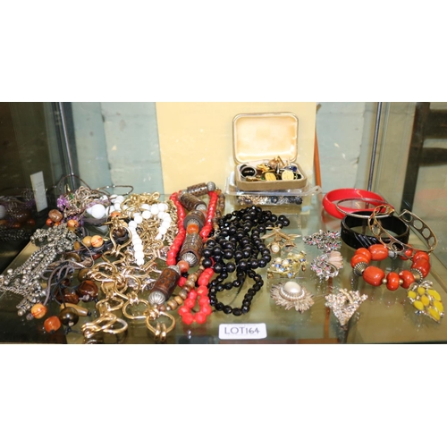 164 - SHELF OF COSTUME JEWELLERY - INC. CUFFLINKS, BADGES, BANGLES, BRACELETS, BROOCHES