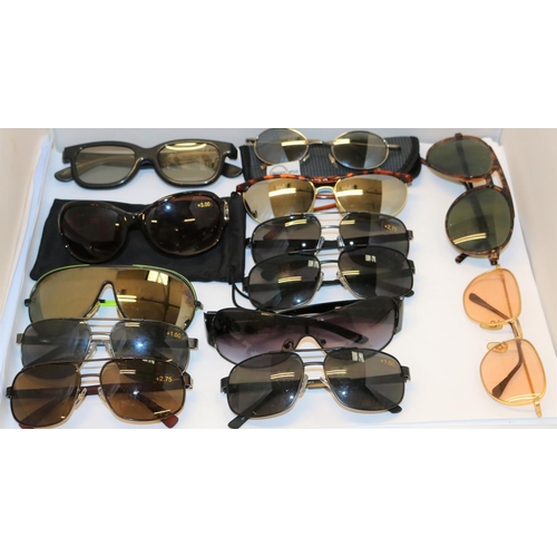 65 - BOX OF VARIOUS GENTS AND LADIES SUNGLASSES, INCL, READING SUNGLASSES AND GLASSES